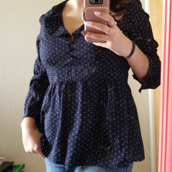 J. Crew Navy Blue Ruffle Polka Dot Cotton Blouse - Picture 7 of 8